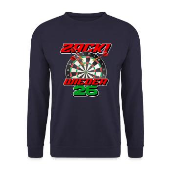 Zack wieder 26, Dartspieler Outfit, Geschenkidee - Unisex Pullover - Navy - Vorne - Alina (178cm) & Michal (187cm)