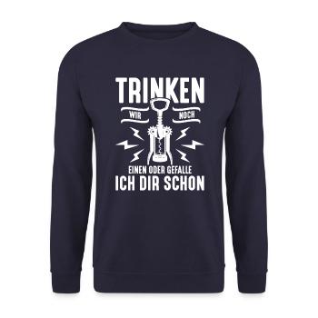 Trinken wir noch einen? Lustiger Spruch Funshirt - Unisex Pullover - Navy - Vorne - Alina (178cm) & Michal (187cm)