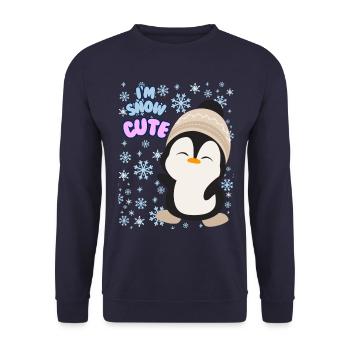 Women’s Cute Winter Penguin Sweater, I’m Snow Cute - Unisex Sweatshirt - navy - Front - Alina (178cm) & Michal (187cm)