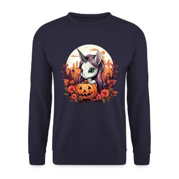 Halloween unicorn with pumpkin in autumn - Unisex Sweatshirt - navy - Front - Alina (178cm) & Michal (187cm)