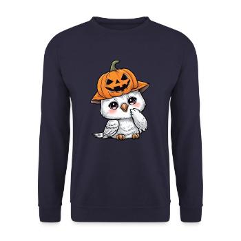 Süße Halloween Eule Schnee-Eule Kürbis Cartoon - Unisex Pullover - Navy - Vorne - Alina (178cm) & Michal (187cm)