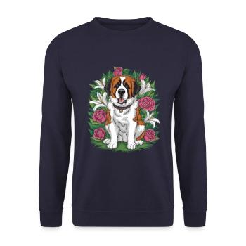 Bernhardiner Cartoon Hund mit Rosen und Lillien - Unisex Pullover - Navy - Vorne - Alina (178cm) & Michal (187cm)