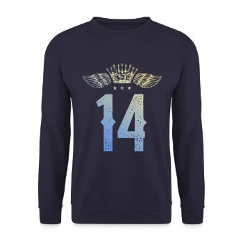 14 Zahl Krone - Unisex Pullover - Navy - Vorne - Alina (178cm) & Michal (187cm)