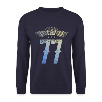77 Zahl Krone - Unisex Pullover - Navy - Vorne - Alina (178cm) & Michal (187cm)
