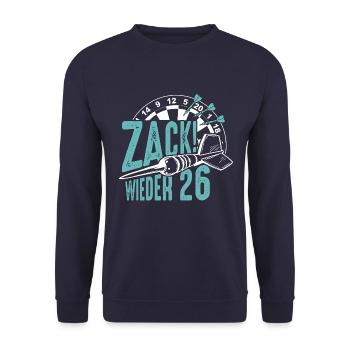 Zack wieder 26, Dartspieler Outfit, Geschenkidee - Unisex Pullover - Navy - Vorne - Alina (178cm) & Michal (187cm)