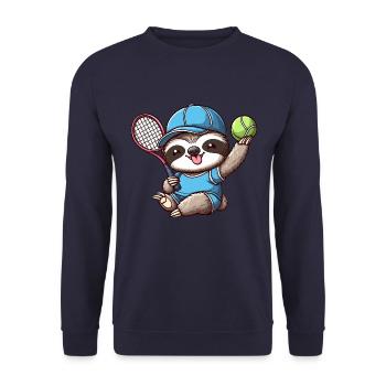 Niedliches Faultier als Tennisspieler - Lustiger - Unisex Pullover - Navy - Vorne - Alina (178cm) & Michal (187cm)