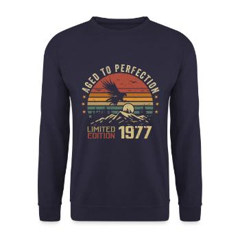 Jahrgang 1977 Limitierte Auflage 1977 Retro 1977 - Unisex Pullover - Navy - Vorne - Alina (178cm) & Michal (187cm)