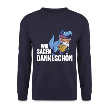 Dankeschön, Dino, Bier, Spruch, Cartoon, Lustig - Unisex Pullover - Navy - Vorne - Alina (178cm) & Michal (187cm)