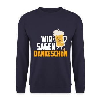 Dankeschön, Comic, Bier, Spruch, Cartoon, Lustig - Unisex Pullover - Navy - Vorne - Alina (178cm) & Michal (187cm)