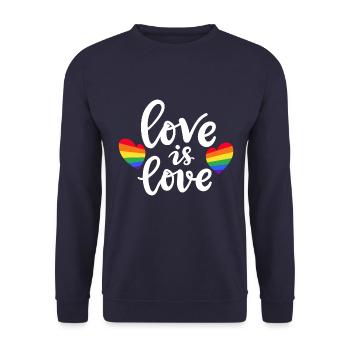 Love is equal. Liebe kennt kein Geschlecht. Spruch - Unisex Pullover - Navy - Vorne - Alina (178cm) & Michal (187cm)