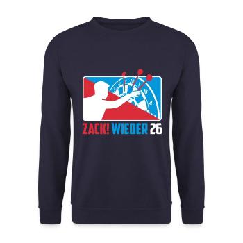 Zack wieder 26, Dartspieler Outfit, Geschenkidee - Unisex Pullover - Navy - Vorne - Alina (178cm) & Michal (187cm)