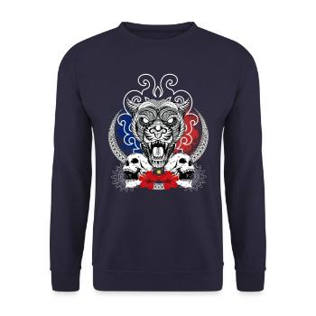 Philippines Headhunter Tiger tribal Art - Unisex Pullover - Navy - Vorne - Alina (178cm) & Michal (187cm)
