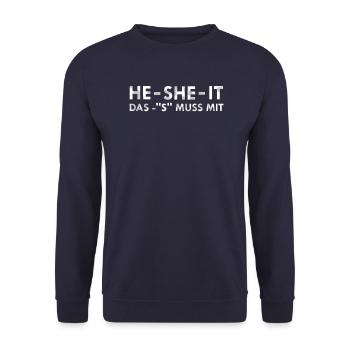 HE SHE IT Spruch | Englisch - Unisex Pullover - Navy - Vorne - Alina (178cm) & Michal (187cm)