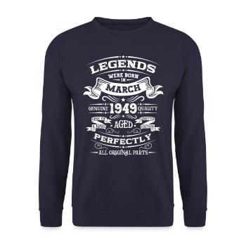 75th birthday Legendary since March Born in 1949 - Unisex Sweatshirt - navy - Front - Alina (178cm) & Michal (187cm)