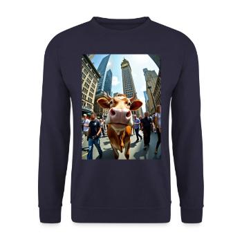 Lustige Kuh Selfie in einer belebten Stadt - Unisex Pullover - Navy - Vorne - Alina (178cm) & Michal (187cm)