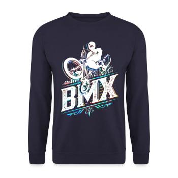 Retro Bmx Bike - Bmx rider in bright colors - Unisex Sweatshirt - navy - Front - Alina (178cm) & Michal (187cm)