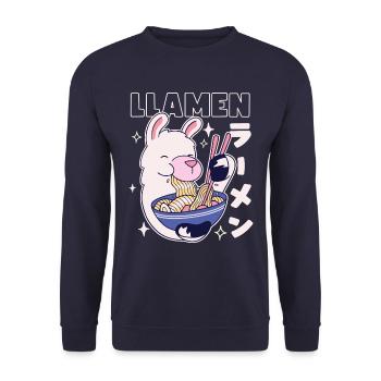 Llamen Kawaii Lama isst Ramen - Unisex Pullover - Navy - Vorne - Alina (178cm) & Michal (187cm)