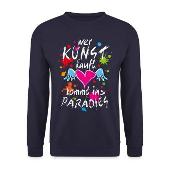 14 Wer Kunst kauft kommt ins Paradies Herz Flügel - Unisex Pullover - Navy - Vorne - Alina (178cm) & Michal (187cm)
