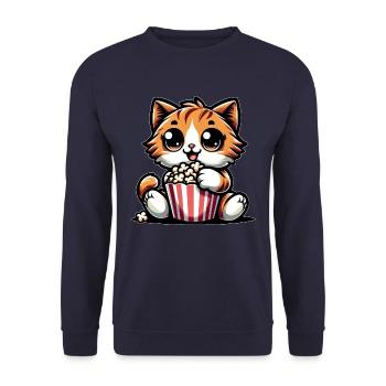 Kino Katze, Süßer Kater mit Popcorn - Unisex Pullover - Navy - Vorne - Alina (178cm) & Michal (187cm)