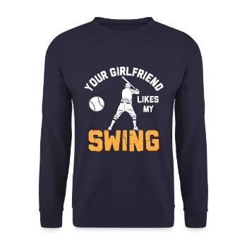 Your Girlfriend Likes My Swing Funny Baseball - Unisex Pullover - Navy - Vorne - Alina (178cm) & Michal (187cm)