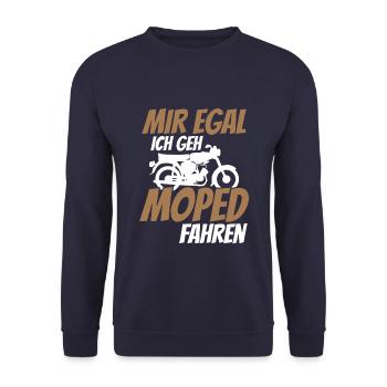 Mir egal ich geh Moped fahren Zweirad Fan Shirt - Unisex Pullover - Navy - Vorne - Alina (178cm) & Michal (187cm)