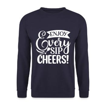 Enjoy Every Sip Cheers! Wein Spruch - Unisex Pullover - Navy - Vorne - Alina (178cm) & Michal (187cm)