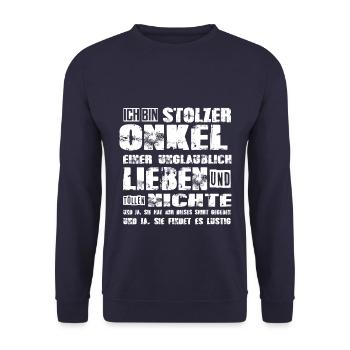 stolzer Onkel einer lieben und tollen Nichte - Unisex Pullover - Navy - Vorne - Alina (178cm) & Michal (187cm)
