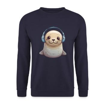 Cute Seal Listening to Music - Unisex Sweatshirt - navy - Front - Alina (178cm) & Michal (187cm)