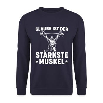 Glaube ist der stärkste Muskel - Unisex Pullover - Navy - Vorne - Alina (178cm) & Michal (187cm)