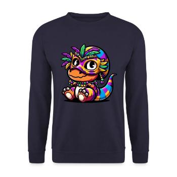 Mardi Gras Dino T-Rex: Karnevalsmaske und Perlen - Unisex Pullover - Navy - Vorne - Alina (178cm) & Michal (187cm)