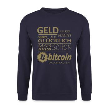 Geld alleine macht nicht Glücklich Bitcoin Sprüche - Unisex Pullover - Navy - Vorne - Alina (178cm) & Michal (187cm)