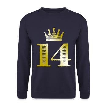 14 Zahl Krone Gold - Unisex Pullover - Navy - Vorne - Alina (178cm) & Michal (187cm)