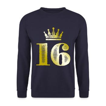 16 Zahl Krone Gold - Unisex Pullover - Navy - Vorne - Alina (178cm) & Michal (187cm)