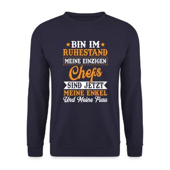 Rentner Geschenk Mann zum Ruhestand für Opa - Unisex Pullover - Navy - Vorne - Alina (178cm) & Michal (187cm)