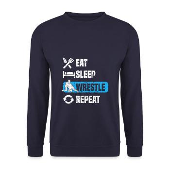 Eat Sleep Wrestle Repeat Cooles Wrestling Geschenk - Unisex Pullover - Navy - Vorne - Alina (178cm) & Michal (187cm)