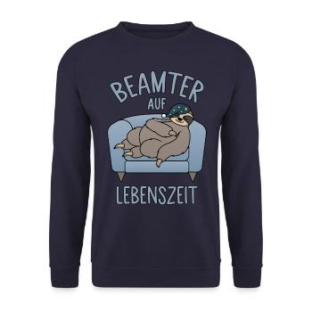 Faultier Couch - Beamter auf Lebenszeit - Unisex Pullover - Navy - Vorne - Alina (178cm) & Michal (187cm)