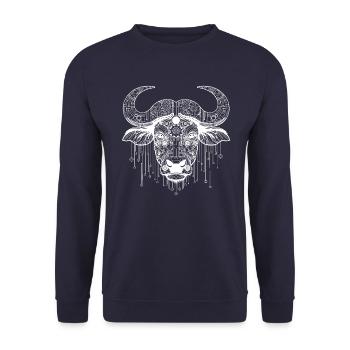 Biomechanischer Büffel - Weißes Design - Unisex Pullover - Navy - Vorne - Alina (178cm) & Michal (187cm)