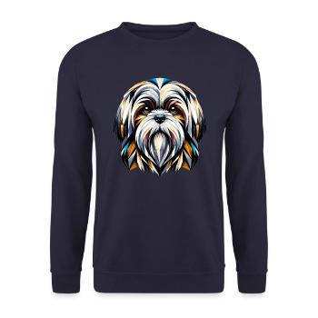 Farbenfrohes Shih Tzu: Lebendiges geometrisches Porträt - Unisex Pullover - Navy - Vorne - Alina (178cm) & Michal (187cm)