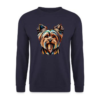 Farbenfroher Yorkshire Terrier: Geometrische Hundekunst - Unisex Pullover - Navy - Vorne - Alina (178cm) & Michal (187cm)