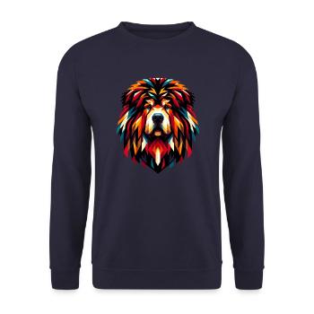 Farbenfroher tibetischer Mastiff: Geometrisches Hundemosaik - Unisex Pullover - Navy - Vorne - Alina (178cm) & Michal (187cm)