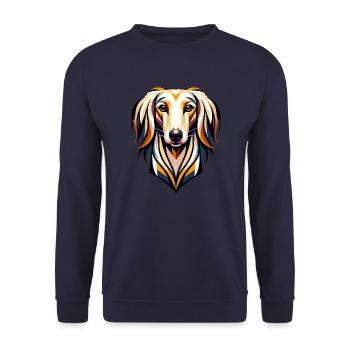 Elegantes Saluki-Porträt: Geometrisches Windhund-Design - Unisex Pullover - Navy - Vorne - Alina (178cm) & Michal (187cm)