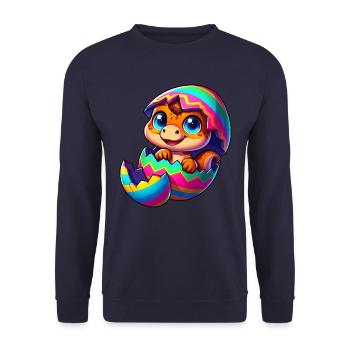 Süßer Dino schlüpft aus buntem Osterei Cartoon - Unisex Pullover - Navy - Vorne - Alina (178cm) & Michal (187cm)