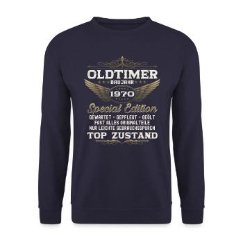 Oldtimer Jahrgang 1970 52. Geburtstag Geschenk fun - Unisex Pullover - Navy - Vorne - Alina (178cm) & Michal (187cm)