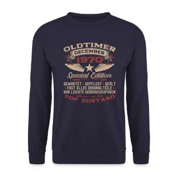 Oldtimer Dezember 1970 52. Geburtstag Geschenk - Unisex Pullover - Navy - Vorne - Alina (178cm) & Michal (187cm)