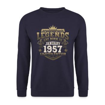 Né en 1957 Janvier 66e anniversaire Homme cadeau - Sweat-shirt Unisexe - marine - Devant - Alina (178cm) & Michal (187cm)