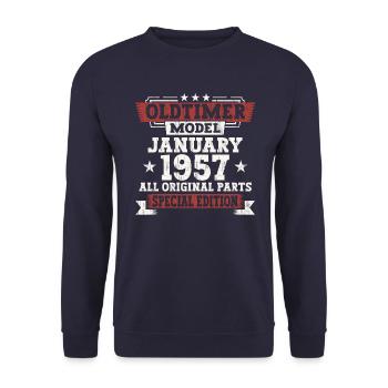 Né en 1957 Janvier 66e anniversaire Homme cadeau - Sweat-shirt Unisexe - marine - Devant - Alina (178cm) & Michal (187cm)