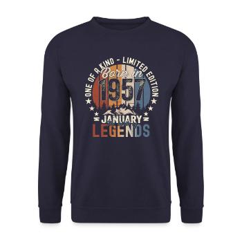 Né en 1957 Janvier 66e anniversaire Homme cadeau - Sweat-shirt Unisexe - marine - Devant - Alina (178cm) & Michal (187cm)