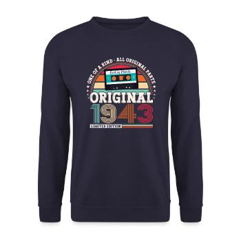 80th birthday man born 1943 March cassette - Unisex Sweatshirt - navy - Front - Alina (178cm) & Michal (187cm)
