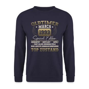 30. Geburtstag Mann März Jahrgang 1993 Oldtimer - Unisex Pullover - Navy - Vorne - Alina (178cm) & Michal (187cm)