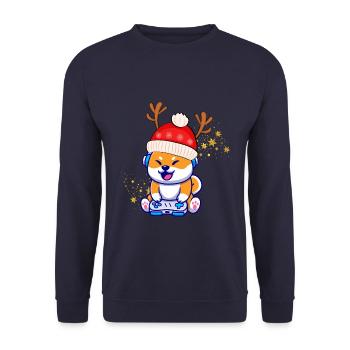 Shiba Ina mit Weihnachtsmütze - Unisex Pullover - Navy - Vorne - Alina (178cm) & Michal (187cm)